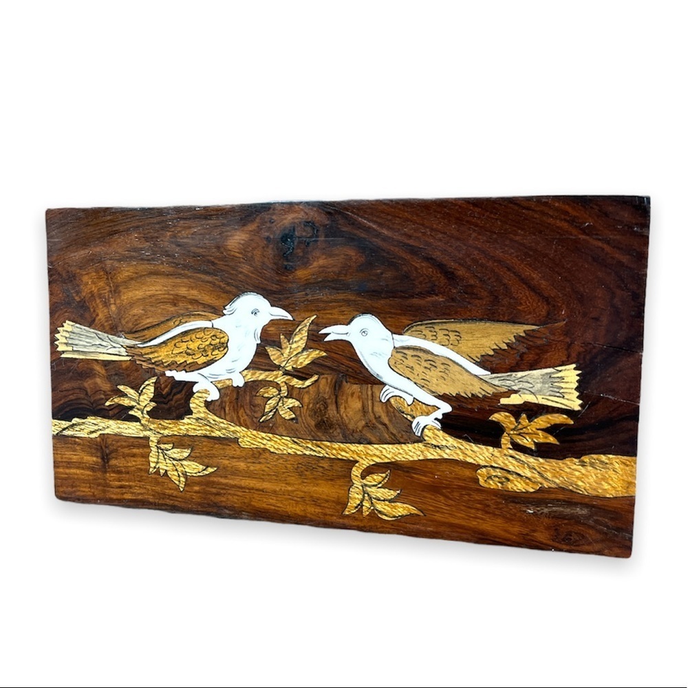 Wood Art Birds Inlaid Carved Plaque Wall Hanging Handmade Mix Wood Grain 10.5”